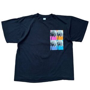 Vintage 90s Danskin Tree Art Graphic T-Shirt Black Made In USA Fits L/XL